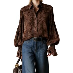 Women's Spring and Autumn Retro Elegant Casual Commuter Solid Color Pattern Lantern Sleeve Long Sleeve Shirt Top in Saudi Arabia