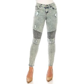 BE-GIRL Women's Distressed Moto Jeans, Acid Wash Denim, Frayed Hem, Ribbed Knee Panels in Saudi Arabia