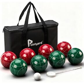 مجموعة كرات Pointyard Bocce، مجموعة كرات Bocce كلاسيكية مقاس 90 مم مع 8 كرات Bocce من الراتنج/1 حقيبة بالينو/نايلون بسحاب/شريط قياس - ألعاب عائلية خارجية للفناء الخلفي/الحديقة/الشاطئ (أحمر وأخضر) in Kuwait