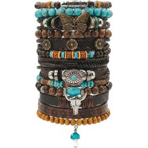 13 قطعة من الخرز الخشبي بطبقات بوهيمية وسوار من جلد البولي يوريثان مجموعة للنساء والرجال، أساور معصم خشبية مطرزة بالخرز القبلي العرقي متعددة الطبقات قابلة للتعديل، سوار معصم ملفوف هدية in Kuwait