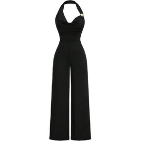 OYOANGLE Women's Dressy Sleeveless Halter Jumpsuits Cowl Neck Metal Ring Linked Ruched Straight Leg Business Pants Romper in Saudi Arabia