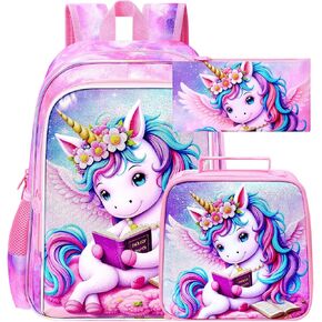 مجموعة حقائب كتب gxtvo للفتيات يونيكورن 3 قطع، حقيبة ظهر للأطفال مقاس 16 بوصة مع صندوق غداء، حقيبة مدرسية مقاومة للماء للمرحلة الابتدائية ومرحلة ما قبل المدرسة والأطفال الصغار - قراءة مريحة باللون الوردي يونيكورن in Kuwait