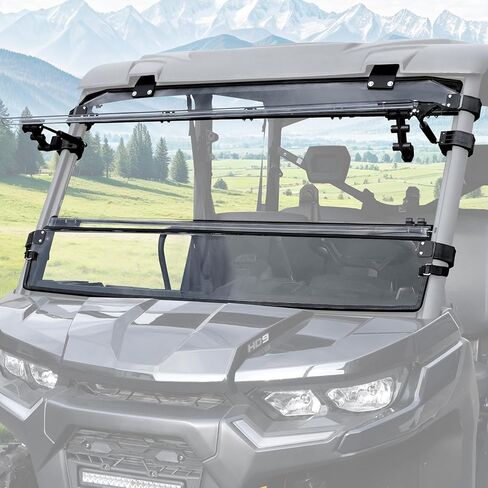 3-IN-1 Flip Up Windshield for Can Am Defender & Defender Max 2016-2026, Scratch Resistant Hard Coated 1/5" Poly Folding Front Full Flip Windscreen Window Can Full Open,Vented,Closed in Saudi Arabia