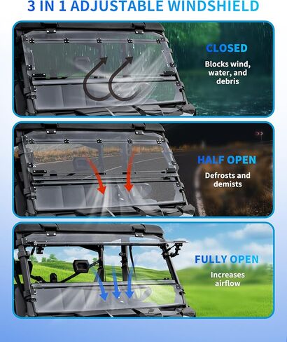 3-IN-1 Flip Up Windshield for Can Am Defender & Defender Max 2016-2026, Scratch Resistant Hard Coated 1/5" Poly Folding Front Full Flip Windscreen Window Can Full Open,Vented,Closed in Saudi Arabia