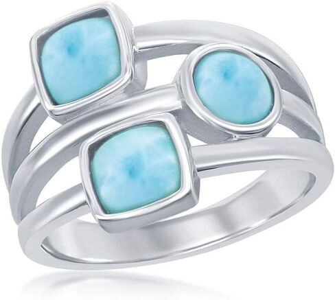 925 Sterling Silver Hawaii Natural Larimar Gemstone Multi-shaped High Polished Triple Band Ring in Saudi Arabia