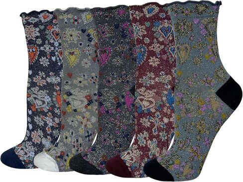 Cityelf 5 Pack Vintage Ruffle Socks for Women Retro Floral Patterned Frilly Socks Cotton Cute Casual Ankle Crew Lace Trim Sox in Kuwait