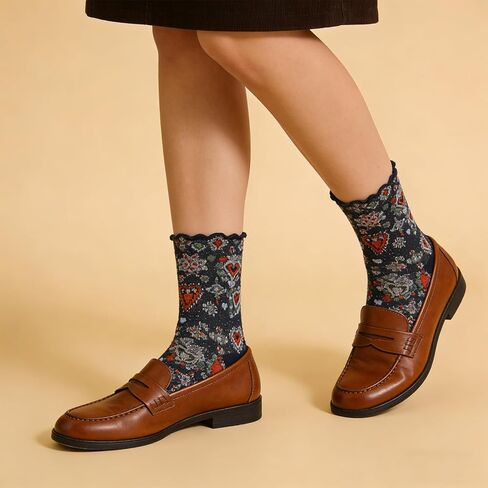 Cityelf 5 Pack Vintage Ruffle Socks for Women Retro Floral Patterned Frilly Socks Cotton Cute Casual Ankle Crew Lace Trim Sox in Kuwait