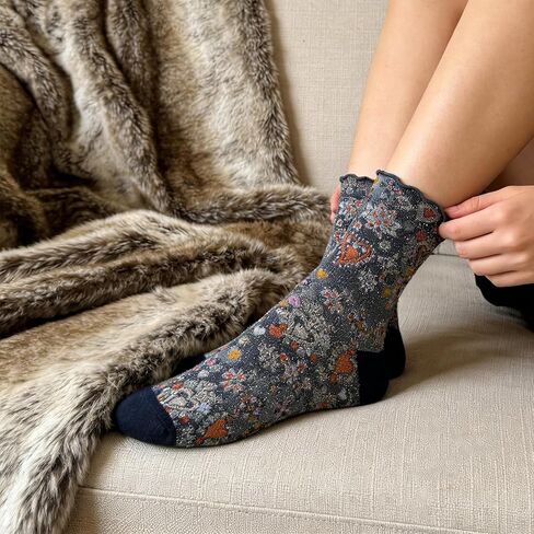 Cityelf 5 Pack Vintage Ruffle Socks for Women Retro Floral Patterned Frilly Socks Cotton Cute Casual Ankle Crew Lace Trim Sox in Kuwait