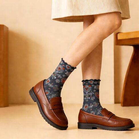 Cityelf 5 Pack Vintage Ruffle Socks for Women Retro Floral Patterned Frilly Socks Cotton Cute Casual Ankle Crew Lace Trim Sox in Kuwait