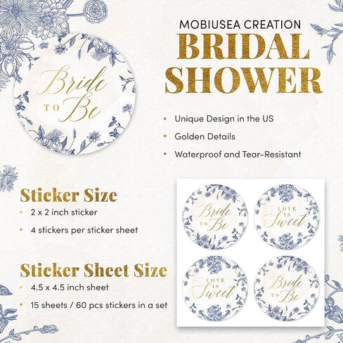 Mobiusea Creation Vintage Blue Floral Bridal Stickers | 60pcs Bride to Be & Love is Sweet Bachelorette Stickers for Bridal Shower, Engagement Party Favors, Envelope Seals & Bachelorette Decor in Saudi Arabia