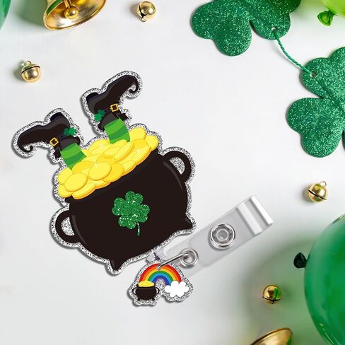 ST Patricks Day Badge Reel, Funny Green Shamrock ID Badge Holder with Retractable Clip, Glitter Holiday Badges Buddy for Nurse Doctor Students Teacher Office Workers Gift in Saudi Arabia