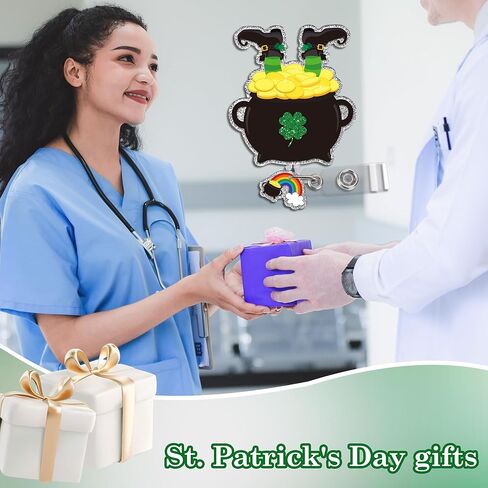 ST Patricks Day Badge Reel, Funny Green Shamrock ID Badge Holder with Retractable Clip, Glitter Holiday Badges Buddy for Nurse Doctor Students Teacher Office Workers Gift in Saudi Arabia