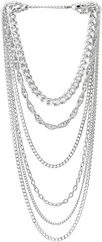 COOLSTEELANDBEYOND Silver Color Statement Necklace Waterfall Multi-Strand Curb Link Rolo Chains, Punk Rock Cool in Saudi Arabia