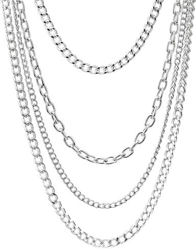 COOLSTEELANDBEYOND Silver Color Statement Necklace Waterfall Multi-Strand Curb Link Rolo Chains, Punk Rock Cool in Saudi Arabia