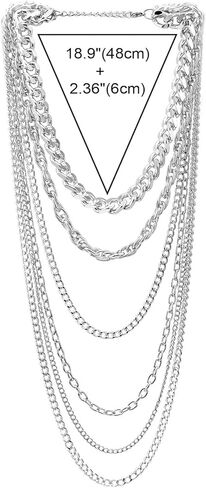 COOLSTEELANDBEYOND Silver Color Statement Necklace Waterfall Multi-Strand Curb Link Rolo Chains, Punk Rock Cool in Saudi Arabia