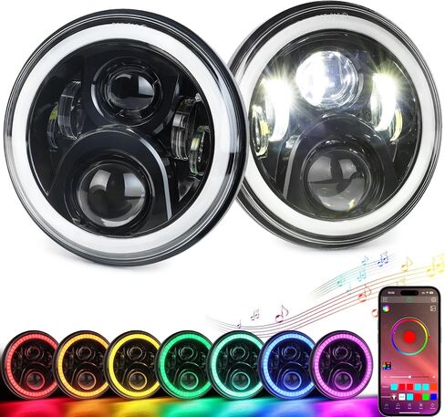 مصابيح أمامية LED مقاس 7 بوصات مع وضع الموسيقى RGB Halo Angel Eyes باللون الأبيض H6024 مصابيح أمامية مستديرة متوافقة مع جيب رانجلر JK TJ LJ CJ مازدا مياتا تشيفي هامر فورد in Kuwait