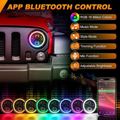 مصابيح أمامية LED مقاس 7 بوصات مع وضع الموسيقى RGB Halo Angel Eyes باللون الأبيض H6024 مصابيح أمامية مستديرة متوافقة مع جيب رانجلر JK TJ LJ CJ مازدا مياتا تشيفي هامر فورد in Kuwait