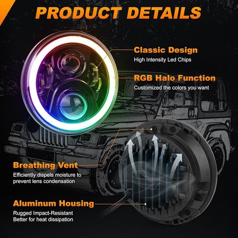 مصابيح أمامية LED مقاس 7 بوصات مع وضع الموسيقى RGB Halo Angel Eyes باللون الأبيض H6024 مصابيح أمامية مستديرة متوافقة مع جيب رانجلر JK TJ LJ CJ مازدا مياتا تشيفي هامر فورد in Kuwait