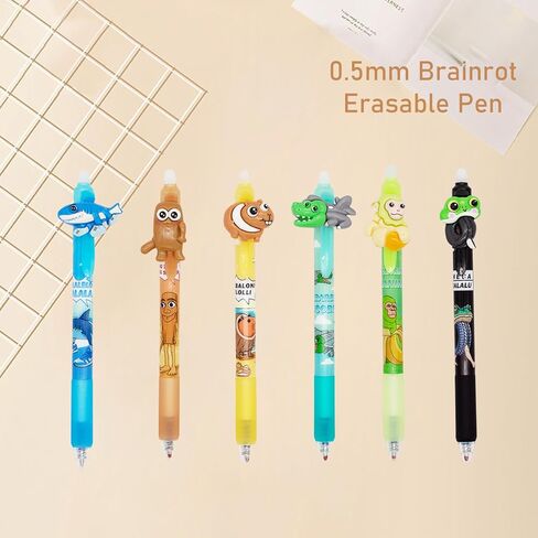 6PCS Italian Brainrot Erasable Pens, Cute Animal Ball Point Pens 0.5mm Blue Party Favors for Kids, Back to School Supplies Fun Stationary Pen Gifts for Birthday in Kuwait
