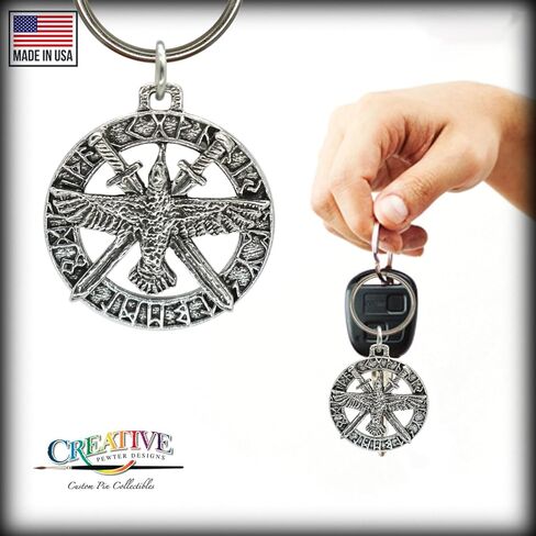 Raven W/Swords In Runes Keychain، Pewter، G018KC، 1 3/4"، 100٪ مصنوع يدويًا في الولايات المتحدة الأمريكية، سلسلة مفاتيح Raven، سلسلة مفاتيح Raven Runes، حلقة مفاتيح، سلسلة مفاتيح، قوطي، فايكنغ، العصور الوسطى، سلتيك، هدية، أكثر من 150 تصميمًا. in Saudi Arabia