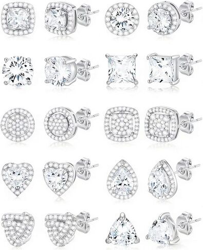 Tornito 18K Gold Plated Cubic Zirconia Stud Earrings for Women Men Stainless Steel Halo Simulated Diamond Earrings Round Heart Square Teardrop Knot Triangle Rhinestone Studs Earring Set Silver Color in Saudi Arabia