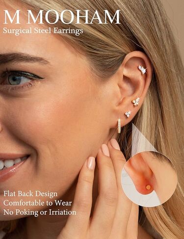 M MOOHAM Flat Back Stud Earrings Stacks for Women Hypoallergenic 14K Gold Plated Surgical Steel Cartilage Helix Butterfly Earring Set for Sensitive Ears Tragus Piercing Jewelry Gifts in Saudi Arabia