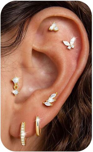 M MOOHAM Flat Back Stud Earrings Stacks for Women Hypoallergenic 14K Gold Plated Surgical Steel Cartilage Helix Butterfly Earring Set for Sensitive Ears Tragus Piercing Jewelry Gifts in Saudi Arabia