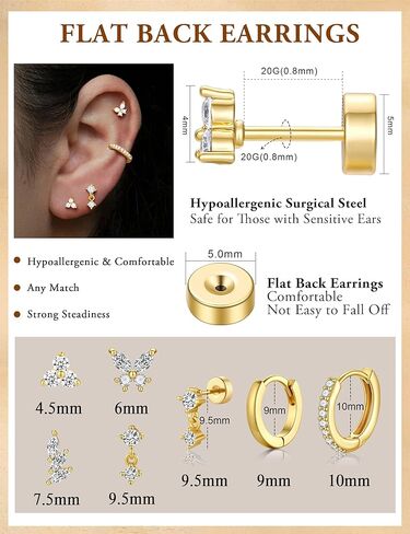 M MOOHAM Flat Back Stud Earrings Stacks for Women Hypoallergenic 14K Gold Plated Surgical Steel Cartilage Helix Butterfly Earring Set for Sensitive Ears Tragus Piercing Jewelry Gifts in Saudi Arabia