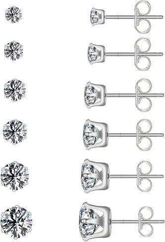 مجموعة 6 أزواج من الأقراط المرصعة للنساء مقاس 3-8 مم، أقراط زركونيا مكعبة من الفولاذ المقاوم للصدأ مضادة للحساسية للنساء والرجال in Kuwait