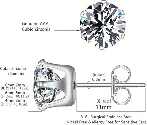 مجموعة 6 أزواج من الأقراط المرصعة للنساء مقاس 3-8 مم، أقراط زركونيا مكعبة من الفولاذ المقاوم للصدأ مضادة للحساسية للنساء والرجال in Kuwait