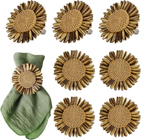 مجموعة من 4 حلقات منديل عباد الشمس المنسوجة، حلقة منديل ديزي بيضاء مصنوعة يدويًا، حامل أبازيم منديل من القطن المضفر لطاولة العشاء، الزفاف، تجمع العائلة in Kuwait