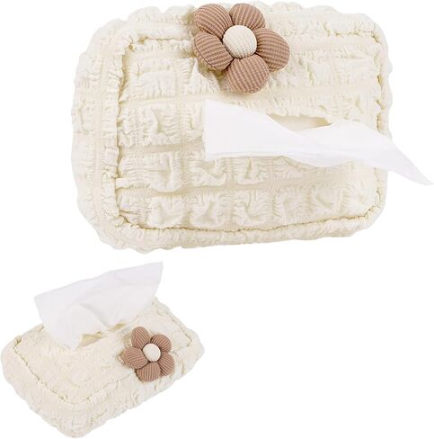 حامل مناديل السيارة من الدانتيل، موزع مناديل على شكل زهرة لطيفة للقناع والمقعد الخلفي، حقيبة تخزين ورقية ناعمة معلقة، إكسسوارات داخلية جمالية للسيارة (أبيض كريمي) in Kuwait