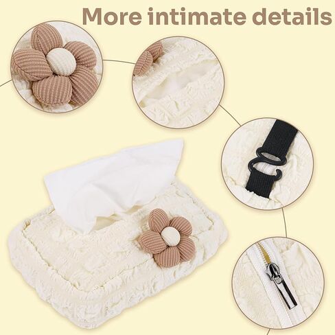 حامل مناديل السيارة من الدانتيل، موزع مناديل على شكل زهرة لطيفة للقناع والمقعد الخلفي، حقيبة تخزين ورقية ناعمة معلقة، إكسسوارات داخلية جمالية للسيارة (أبيض كريمي) in Kuwait