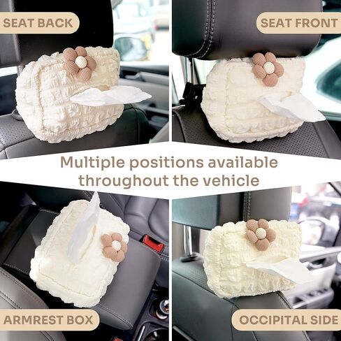 حامل مناديل السيارة من الدانتيل، موزع مناديل على شكل زهرة لطيفة للقناع والمقعد الخلفي، حقيبة تخزين ورقية ناعمة معلقة، إكسسوارات داخلية جمالية للسيارة (أبيض كريمي) in Kuwait