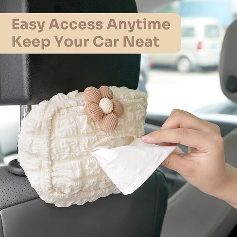 حامل مناديل السيارة من الدانتيل، موزع مناديل على شكل زهرة لطيفة للقناع والمقعد الخلفي، حقيبة تخزين ورقية ناعمة معلقة، إكسسوارات داخلية جمالية للسيارة (أبيض كريمي) in Kuwait