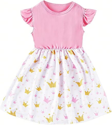 Girls' Summer Cute Cartoon Printed Dress - Toddler Little Kids Ruffle Trim Casual Daily Sundress(Crown) in Saudi Arabia