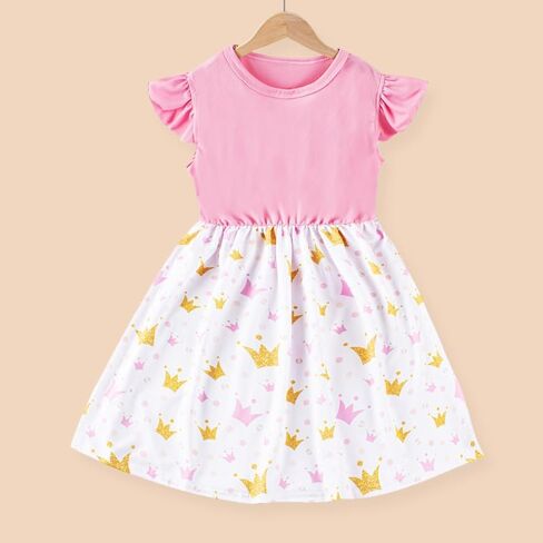Girls' Summer Cute Cartoon Printed Dress - Toddler Little Kids Ruffle Trim Casual Daily Sundress(Crown) in Saudi Arabia