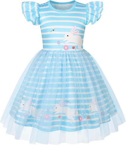 Girls Flutter Sleeve Dress Kids Striped Print Knee-Length Dress Girls Easter Cloths in Saudi Arabia