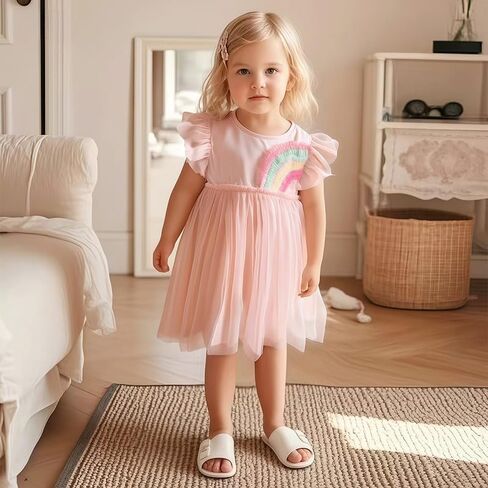 Soft Tulle Rainbow Dress for Girls, Short Sleeve Ruffle Design, Summer Casual Wear in Saudi Arabia
