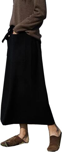 Winter Wool Maxi Skirt with Pockets Elastic Waist Knitted Midi Skirt in Saudi Arabia