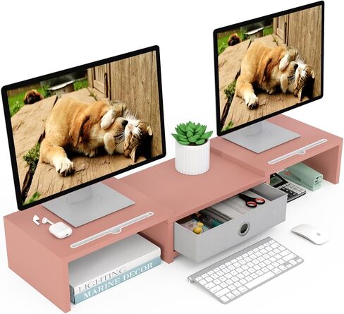 حامل كمبيوتر WESTREE مزدوج 3 أرفف مع درج، طول وزاوية قابلة للتعديل، منظم تخزين حامل شاشة لسطح المكتب in Kuwait