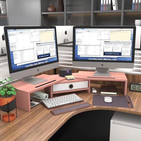 حامل كمبيوتر WESTREE مزدوج 3 أرفف مع درج، طول وزاوية قابلة للتعديل، منظم تخزين حامل شاشة لسطح المكتب in Kuwait