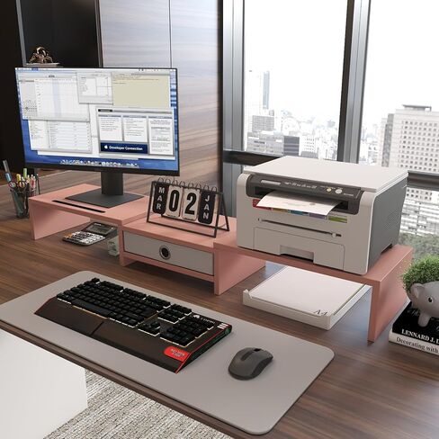 حامل كمبيوتر WESTREE مزدوج 3 أرفف مع درج، طول وزاوية قابلة للتعديل، منظم تخزين حامل شاشة لسطح المكتب in Kuwait