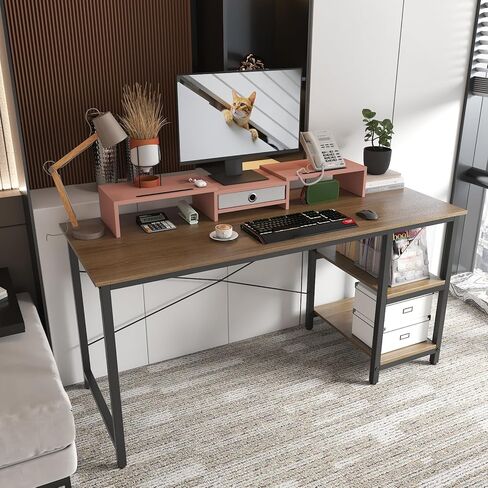 حامل كمبيوتر WESTREE مزدوج 3 أرفف مع درج، طول وزاوية قابلة للتعديل، منظم تخزين حامل شاشة لسطح المكتب in Kuwait