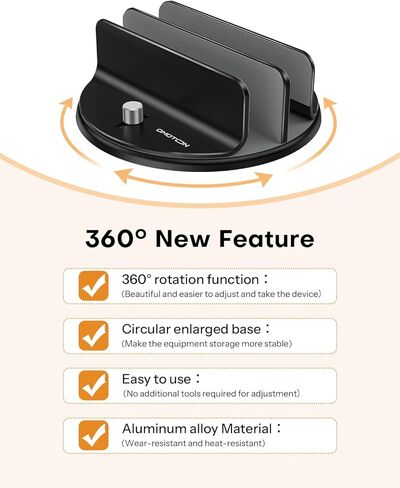 OMOTON 360° Rotating Vertical Laptop Stand Holder, Aluminum Dual-Slot Desk Organizer for MacBook & iPad, Sides Knob Adjustment (No Lost Screws), Holds Laptop, Tablet, Book & Keyboard, Fits up to 17.3" in Saudi Arabia