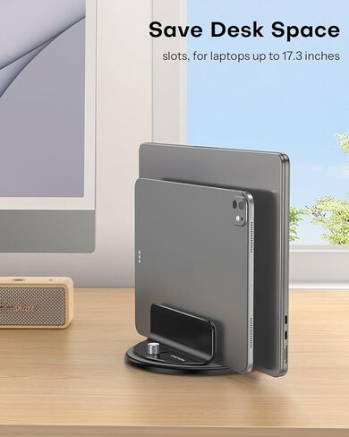OMOTON 360° Rotating Vertical Laptop Stand Holder, Aluminum Dual-Slot Desk Organizer for MacBook & iPad, Sides Knob Adjustment (No Lost Screws), Holds Laptop, Tablet, Book & Keyboard, Fits up to 17.3" in Saudi Arabia
