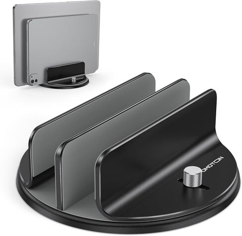 OMOTON 360° Rotating Vertical Laptop Stand Holder, Aluminum Dual-Slot Desk Organizer for MacBook & iPad, Sides Knob Adjustment (No Lost Screws), Holds Laptop, Tablet, Book & Keyboard, Fits up to 17.3" in Saudi Arabia
