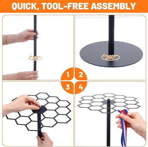 حامل عرض ميدالية دوار | حامل ميداليات على الطاولة يدور 360 درجة يحمل أكثر من 45 ميدالية | قاعدة حديدية شديدة التحمل وتجميع سهل بدون أدوات - آمن على الحائط لميداليات الماراثون والرياضة والجوائز in Kuwait