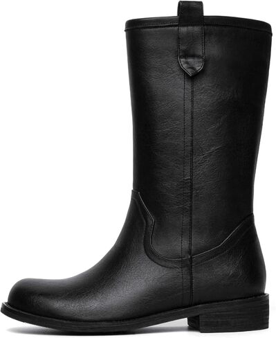 Mid Calf Boots for Women Pull On Chunky Block Low Heel Round Toe Campus Boot Comfortable Casual Boots in Kuwait