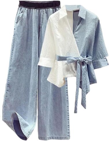 Women's Summer Chiffon Shirt Set Elegant Casual Blouse Elastic Waist Jeans Pant Two Piece Set in Saudi Arabia